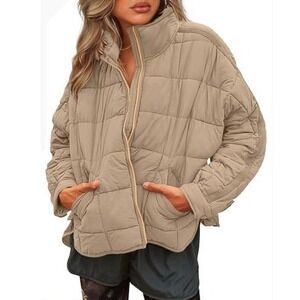 Leani Quilted Puffer Jacket Women Medium Tan Full Zip Utility Outdoor Gorpcore